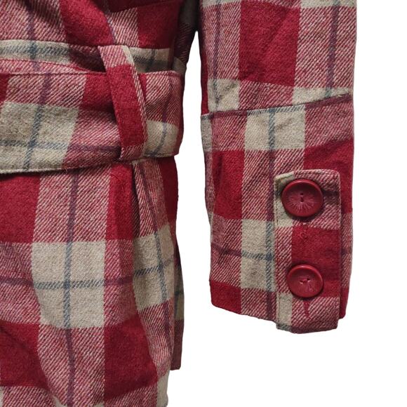 BB Dakota Red Plaid Rayon Peplum Coat - Picture 6 of 10
